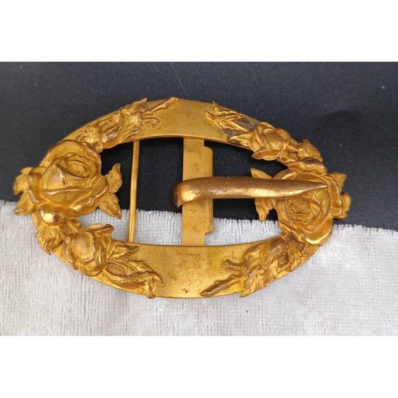 Vintage Sash Buckle Flower Gold Tone Roses